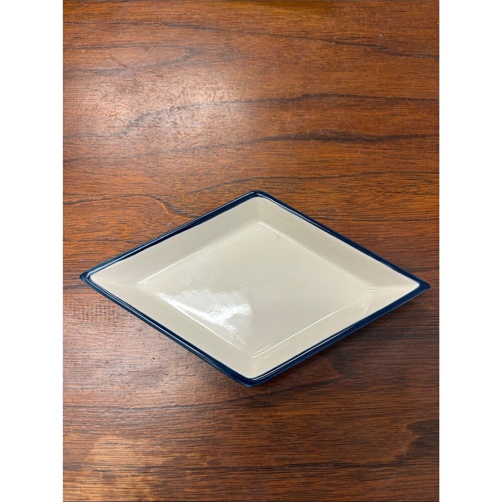 Vintage J. Crew trinket dish ring holder ceramic diamond shape white navy EUC